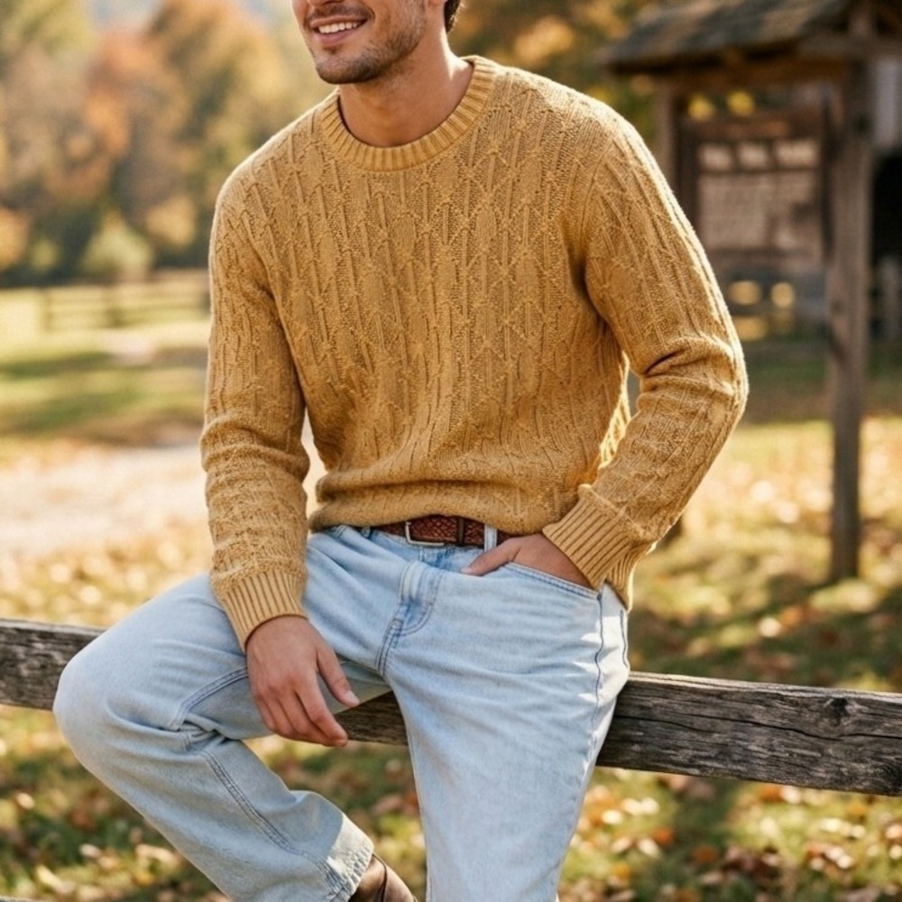 American Eagle Sweater Men's L Tall Yellow Cable Knit Cotton Crew Neck Grandpa